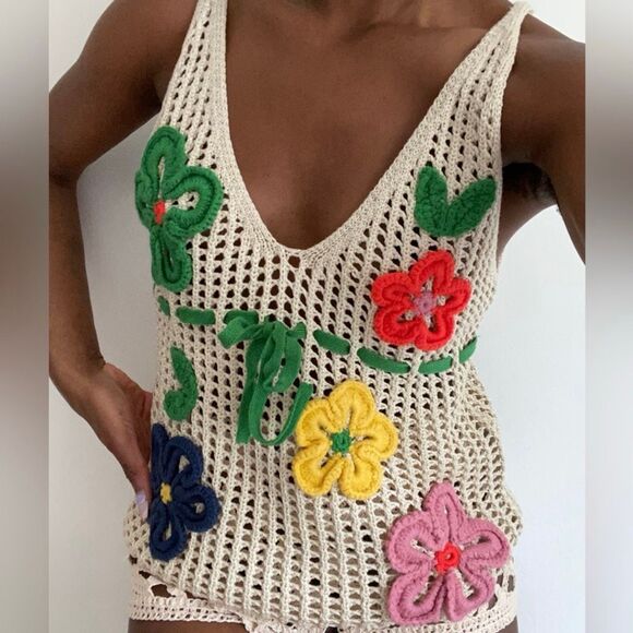 Zara Multicolor Floral Crochet Tank Top size Medium Cream - Picture 11 of 11